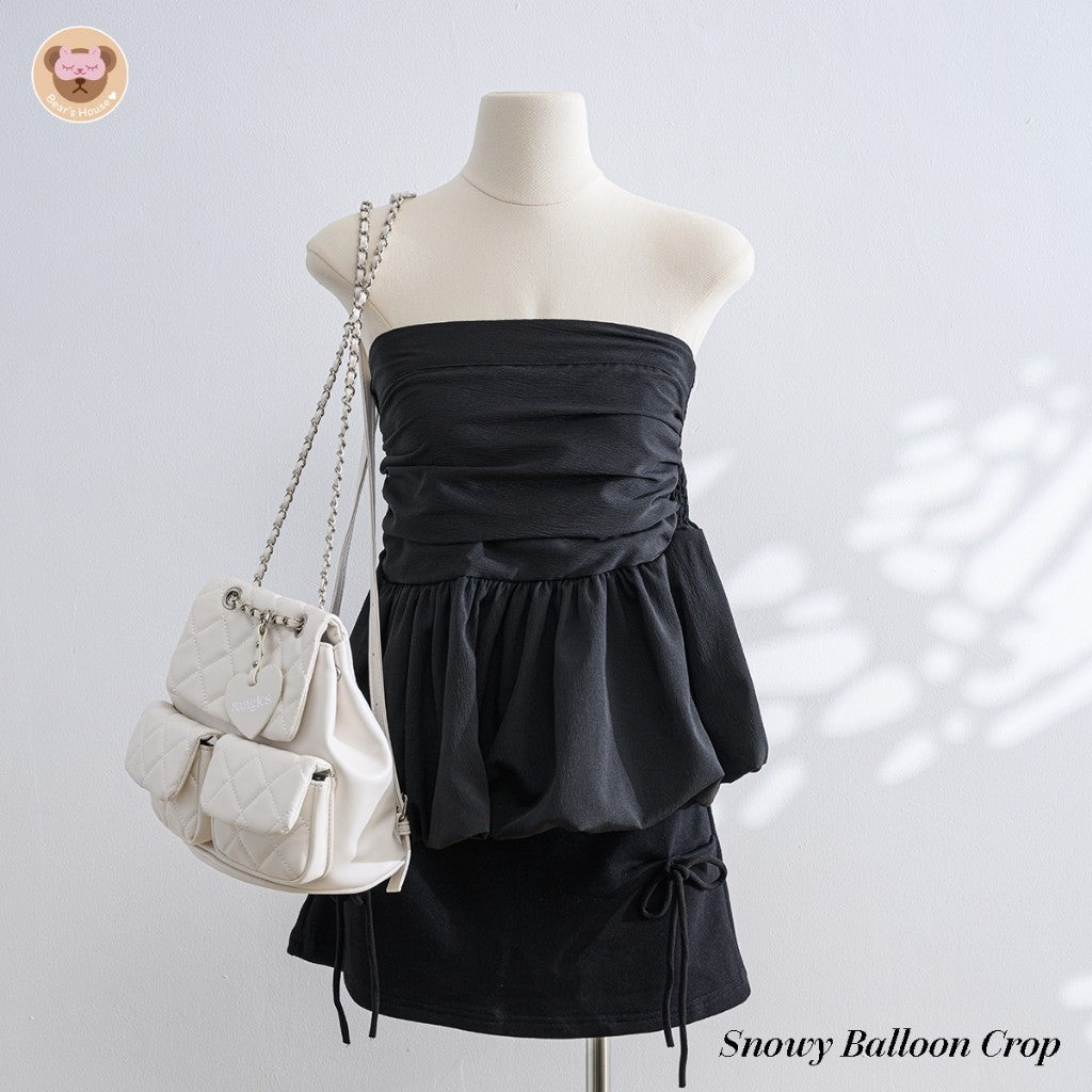 Snowy Balloon Crop เสื้อเกาะอก บอลลูน ผ้าครัช ดีเทลเเต่งจีบ หย่น ช่วงอก ด้านหลังสม็อค เย็บ 2 ชั้น ไม่ต้องกลัวบาง