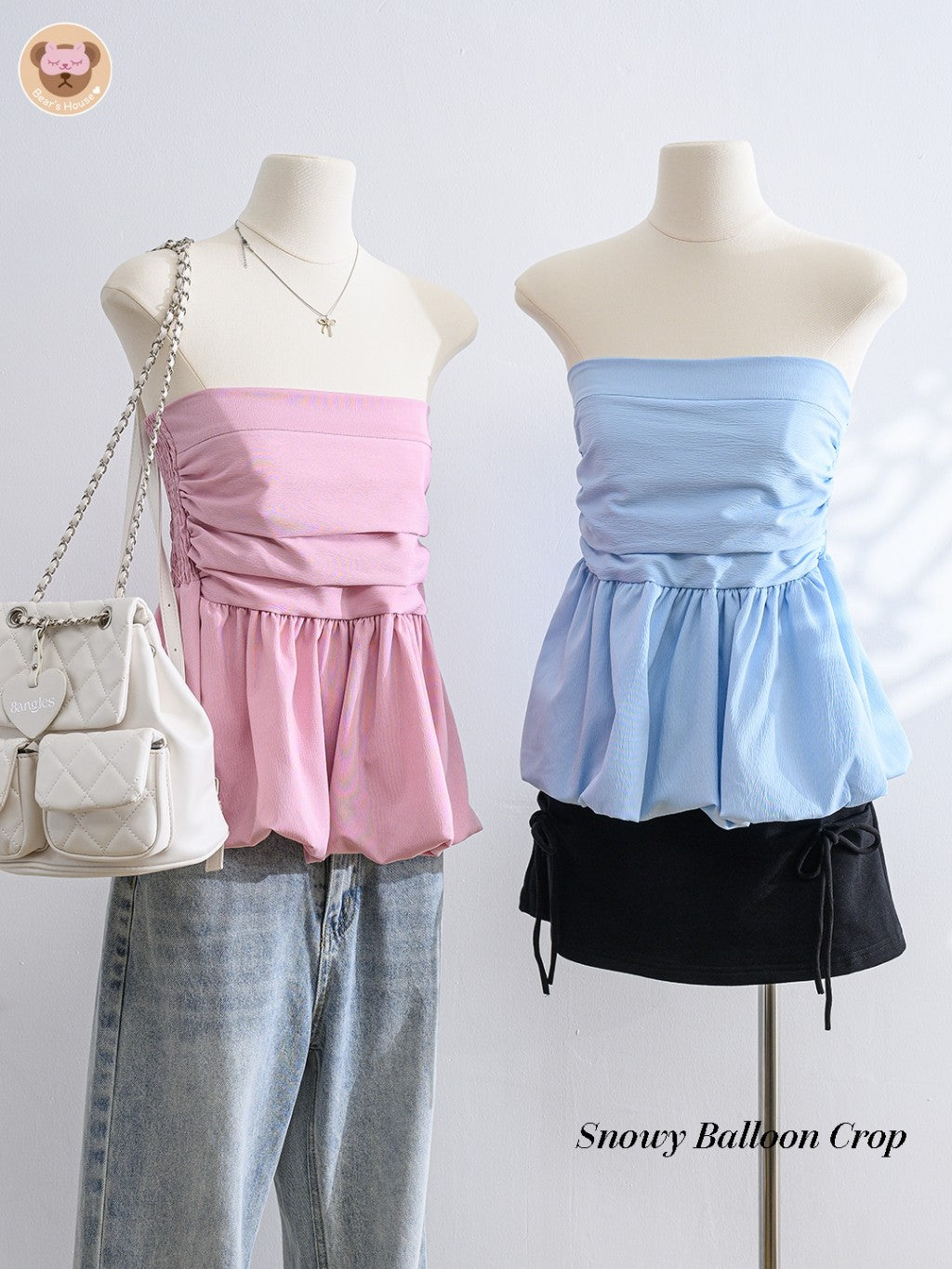 Snowy Balloon Crop เสื้อเกาะอก บอลลูน ผ้าครัช ดีเทลเเต่งจีบ หย่น ช่วงอก ด้านหลังสม็อค เย็บ 2 ชั้น ไม่ต้องกลัวบาง