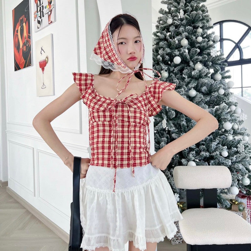 พรีส่งพุธ ที่ 18 Garry Crop เสื้อสายเดี่ยวเเขนระบาย ลายสก็อตสไตล์เกาหลี