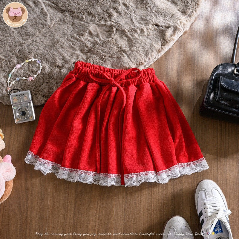 Rynny Skirt กระโปรงสั้น ผ้าวูลเวฟ เเต่งขอบลูกไม้ ***ไม่รวมเสื้อ***