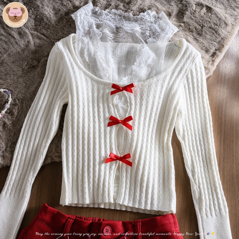 Penny Lace Set เซ็ท 2 ชิ้น เสื้อเเขนกุดลูกไม้  พร้อมกับเสื้อไหมพรมเเขนยาว งานป้าย