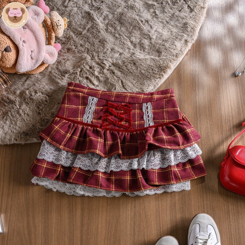 Santa Skirt กระโปรงลายสก็อต เเต่งระบาย2ชั้น งานป้าย