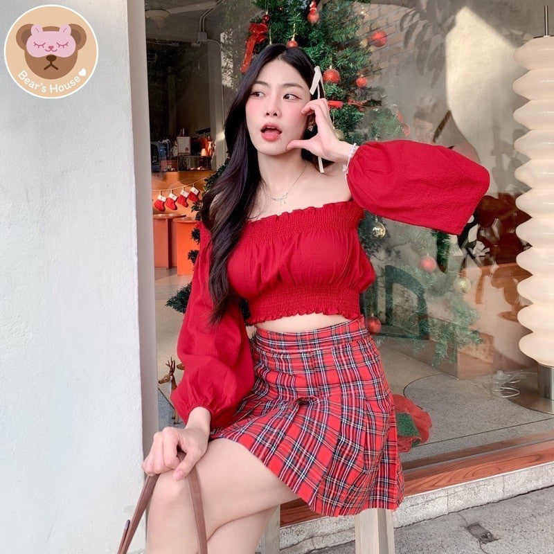 Holly Skirt กระโปรงพลีทสั้นลายสก็อตสีเเดง🎄🎅