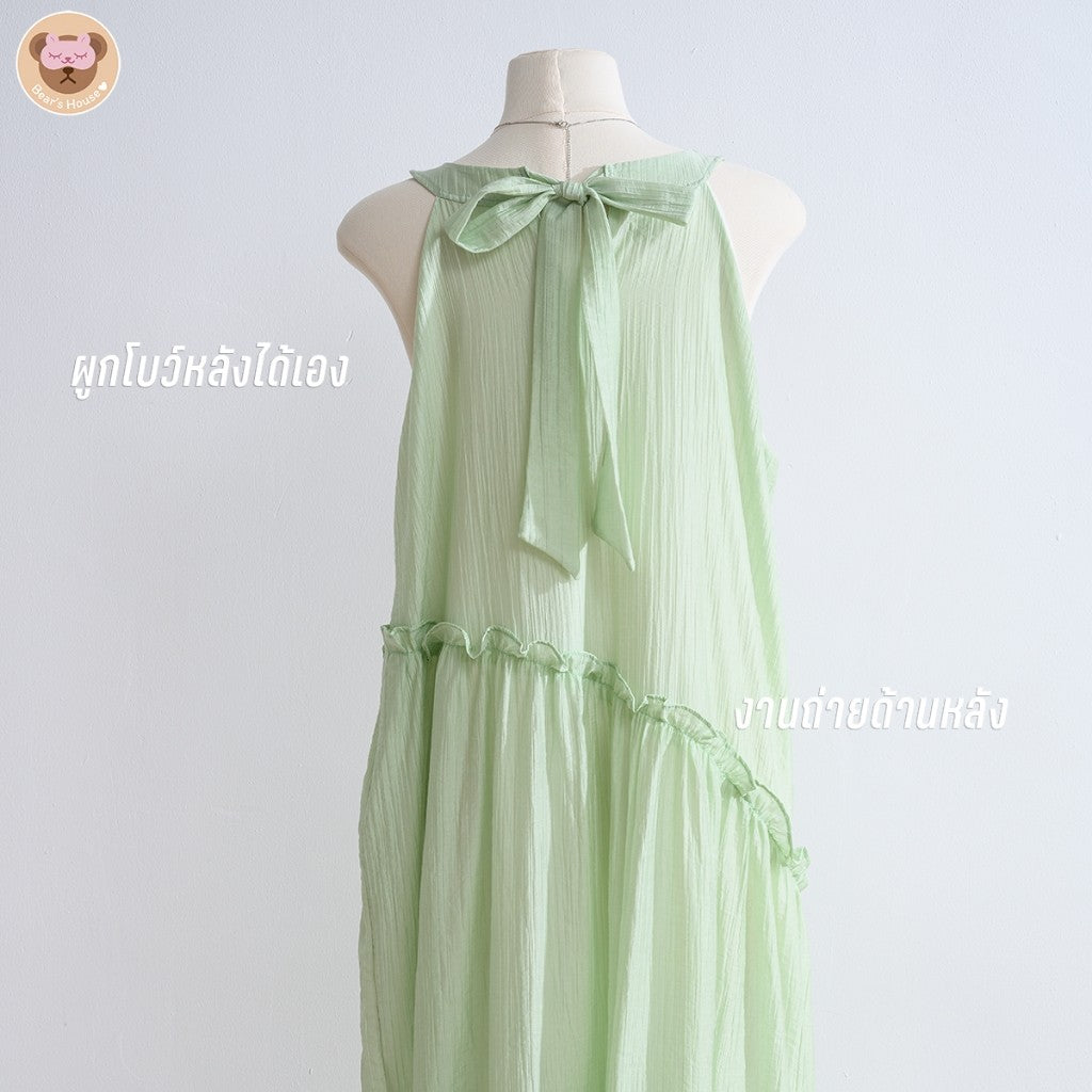 Margarite Dress เดรสยาว ผ้าใยแก้วสีพาลเทส ผูกโบว์ด้านหลัง