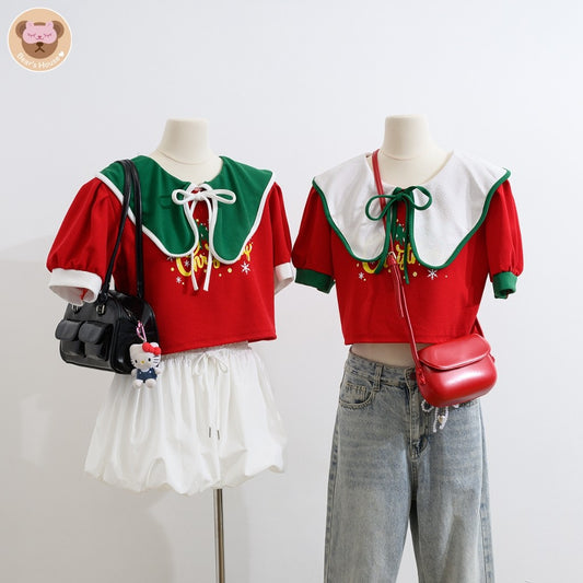 Christmas Crop เสื้อครอปเเขนสั้น สกรีนลาย🎄ผ้าวูลเวฟ เนื้อผ้าใส่สบาย ไม่บาง