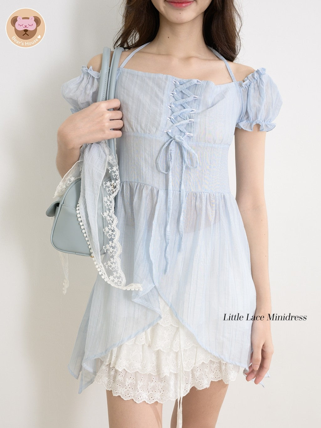 Little Lace Minidress มินิเดรสเเขนตุ๊กตา ตัวยาว ดีเทลมีเชือกผูกคอ ด้านหลังสม็อค