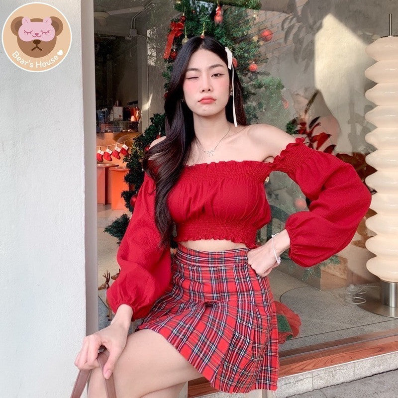 Holly Skirt กระโปรงพลีทสั้นลายสก็อตสีเเดง🎄🎅