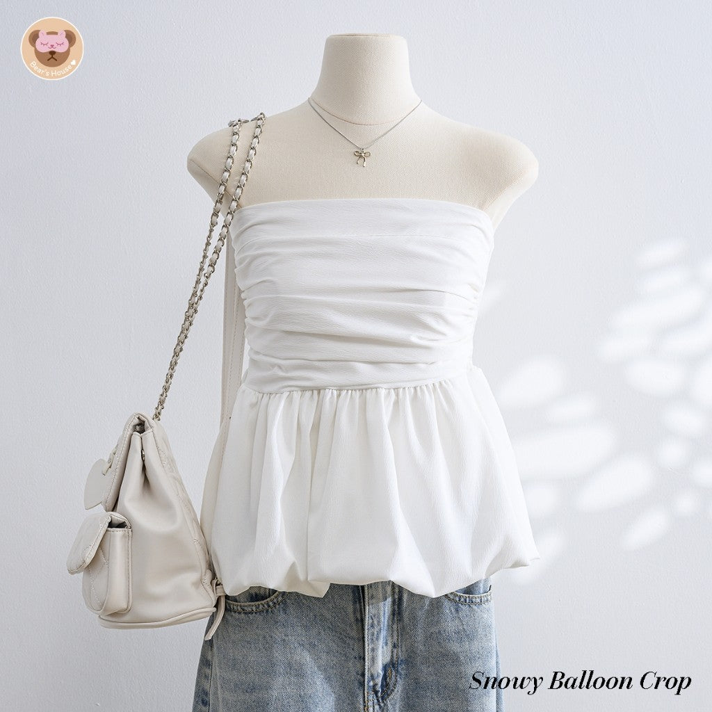 Snowy Balloon Crop เสื้อเกาะอก บอลลูน ผ้าครัช ดีเทลเเต่งจีบ หย่น ช่วงอก ด้านหลังสม็อค  เย็บ 2 ชั้น ไม่ต้องกลัวบาง