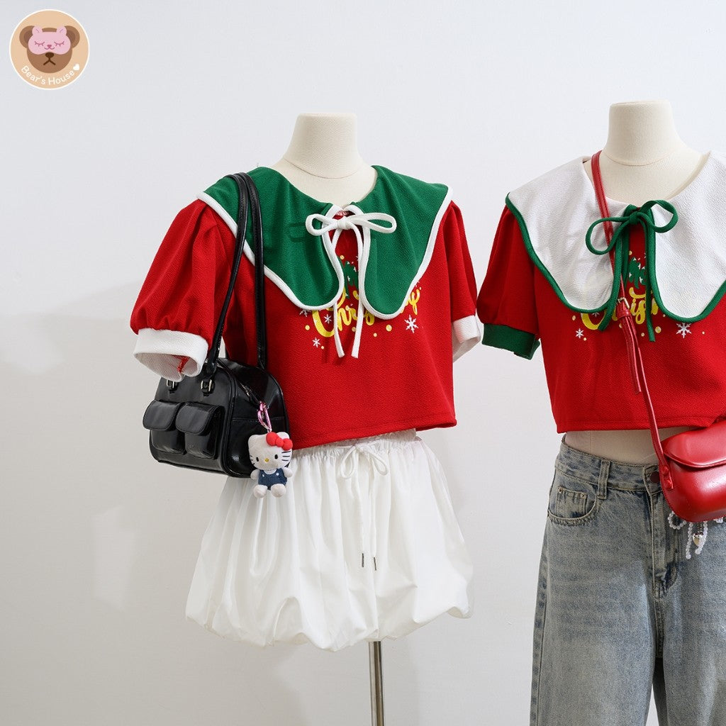 Christmas Crop เสื้อครอปเเขนสั้น สกรีนลาย🎄ผ้าวูลเวฟ เนื้อผ้าใส่สบาย ไม่บาง