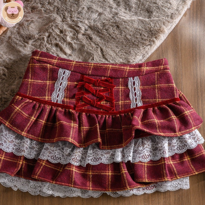 Santa Skirt กระโปรงลายสก็อต เเต่งระบาย2ชั้น งานป้าย