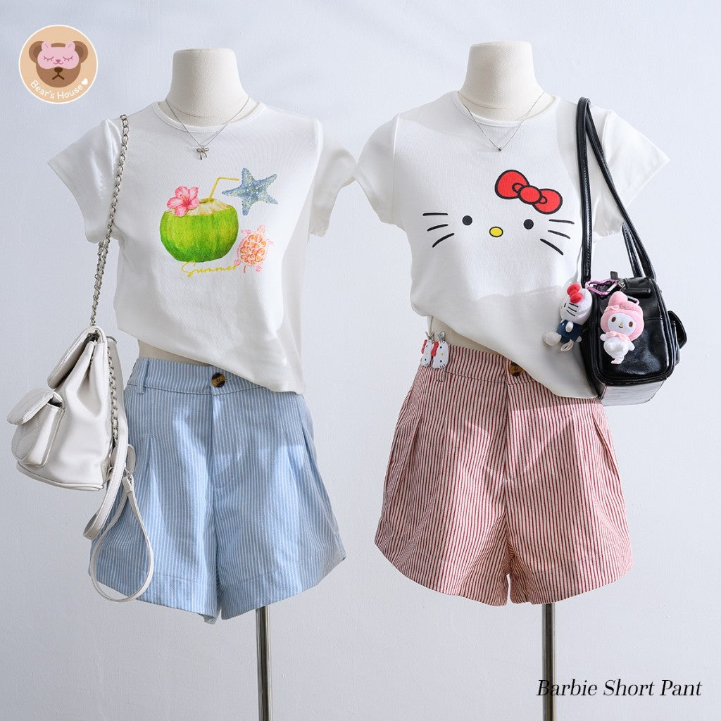 Barbie Short Pant กางเกงขาสั้นลายริ้ว ทรงบาร์บี้ ดีเทลมีกระดุมซิปหน้า ด้านหลังสม็อค ผ้ากึ่งยีนส์มีน้ำหนัก