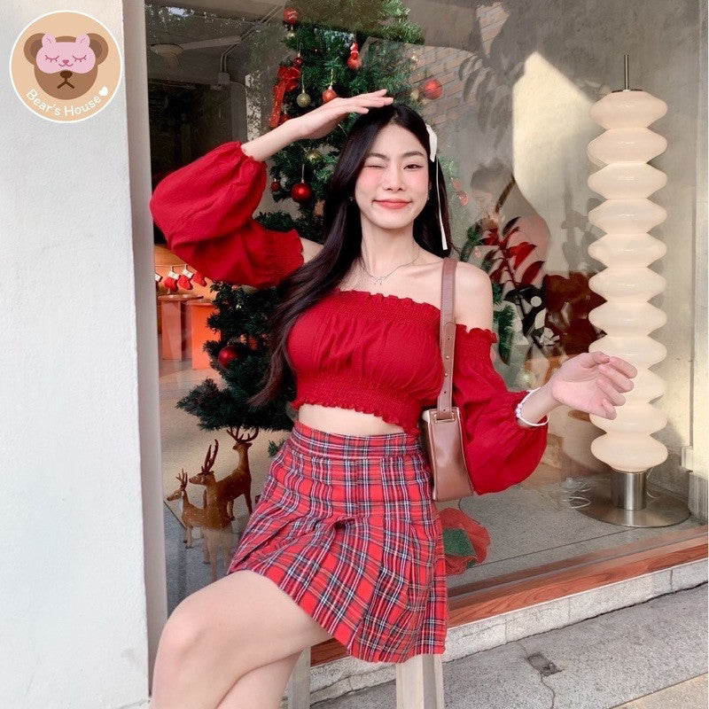 Holly Skirt กระโปรงพลีทสั้นลายสก็อตสีเเดง🎄🎅