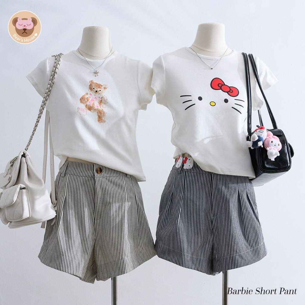 Barbie Short Pant กางเกงขาสั้นลายริ้ว ทรงบาร์บี้ ดีเทลมีกระดุมซิปหน้า ด้านหลังสม็อค ผ้ากึ่งยีนส์มีน้ำหนัก