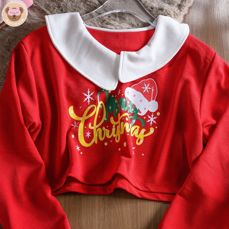 Merry Christmas Crop เสื้อครอปเเขนยาว คอบัว สกรีนลาย ผ้าวูลเวฟ ***ไม่รวมกระโปรง***