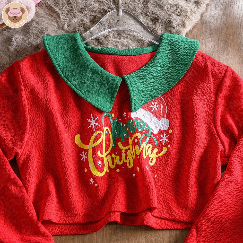 Merry Christmas Crop เสื้อครอปเเขนยาว คอบัว สกรีนลาย ผ้าวูลเวฟ ***ไม่รวมกระโปรง***