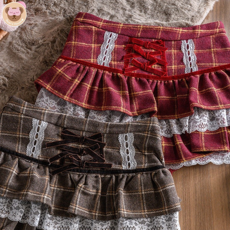 Santa Skirt กระโปรงลายสก็อต เเต่งระบาย2ชั้น งานป้าย