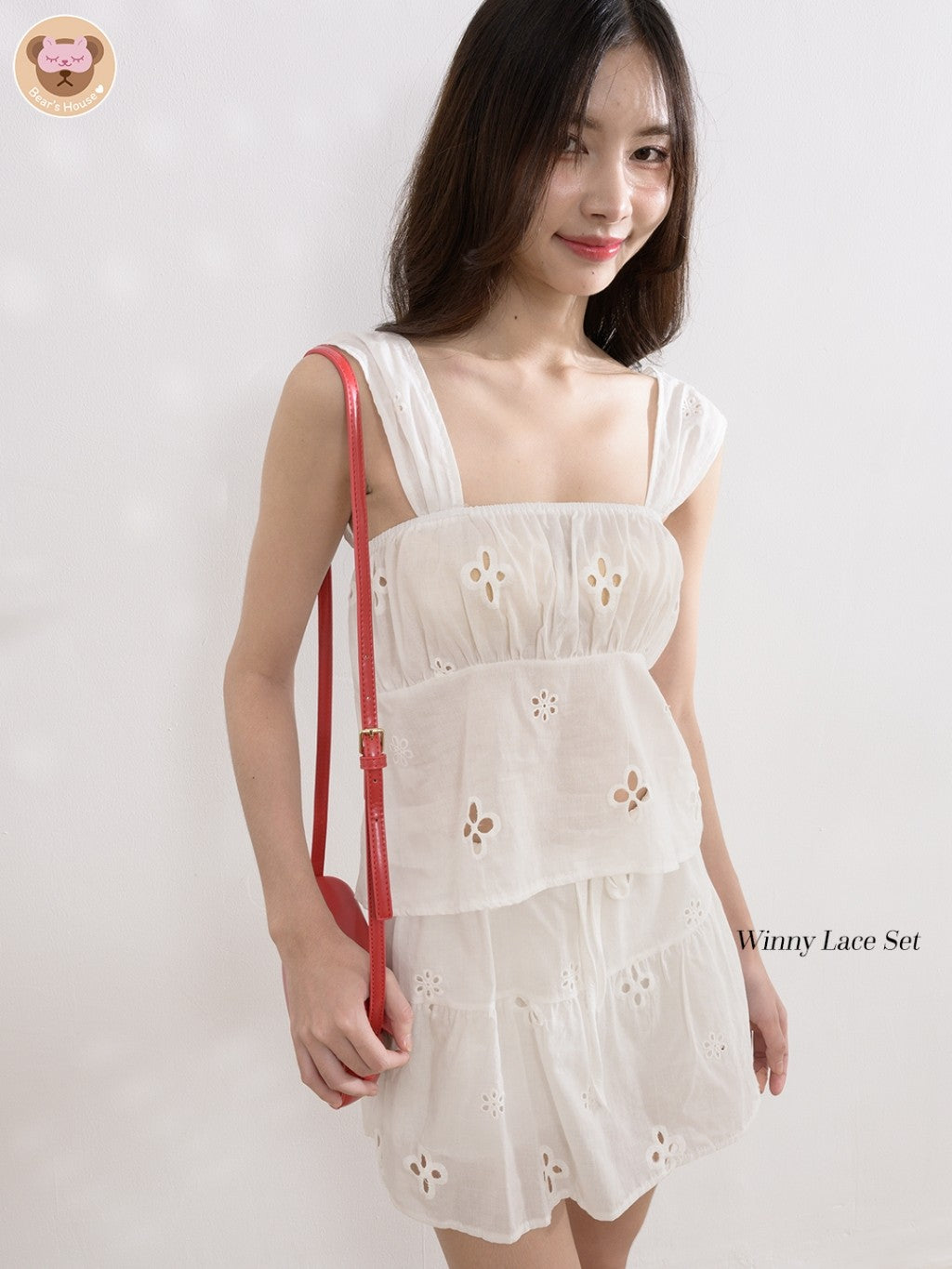 Winny Lace Set 2 ชิ้น เสื้อเเขนกุด+กระโปรงลูกไม้ฉลุ มีซับในทั้งตัว