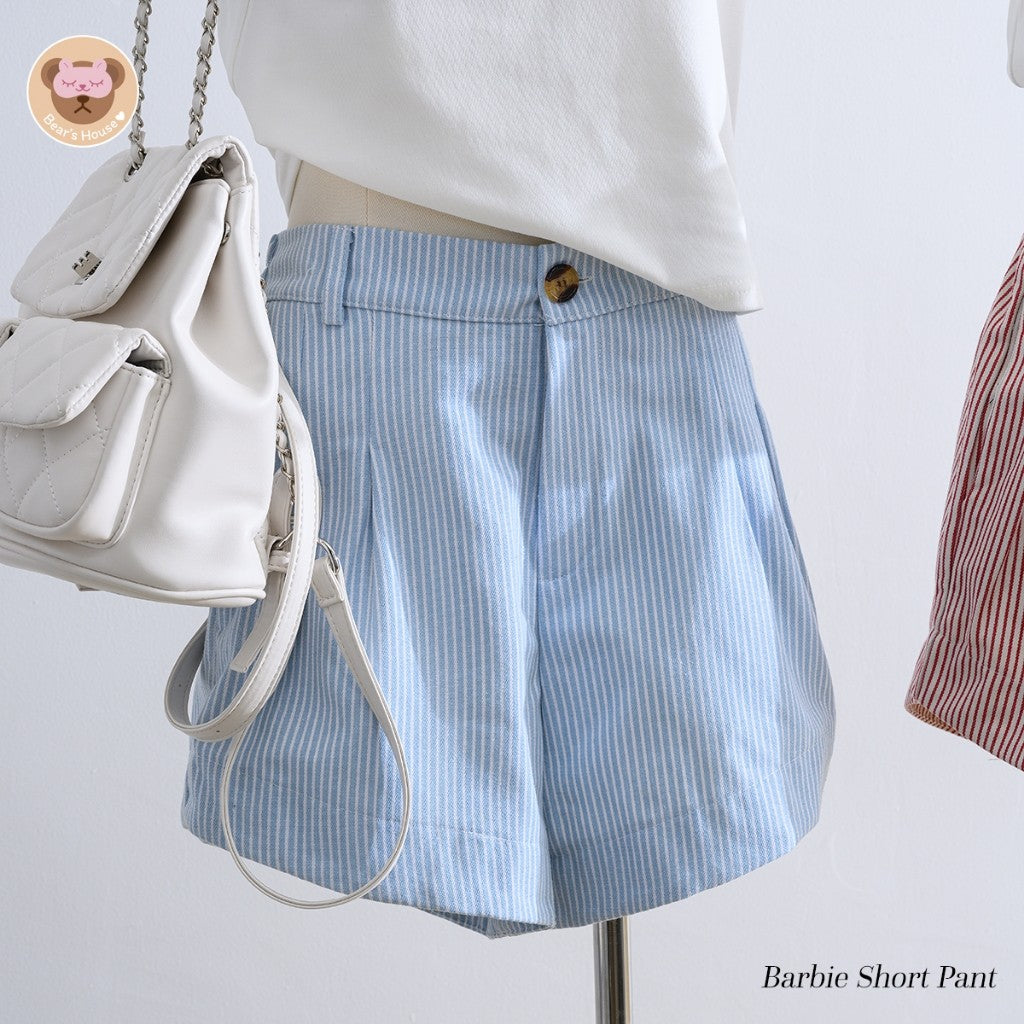 Barbie Short Pant กางเกงขาสั้นลายริ้ว ทรงบาร์บี้ ดีเทลมีกระดุมซิปหน้า ด้านหลังสม็อค ผ้ากึ่งยีนส์มีน้ำหนัก