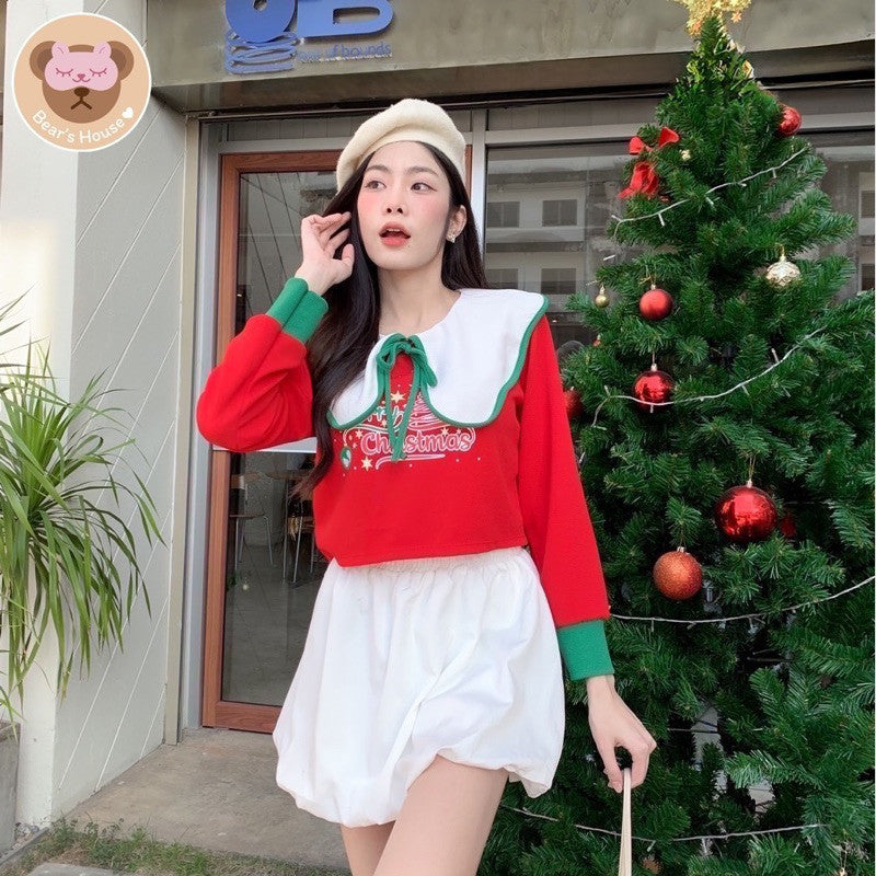 Jingle bell Christmas Crop เสื้อครอปเเขนยาว คอบัวใหญ่ สกรีนลาย🎄